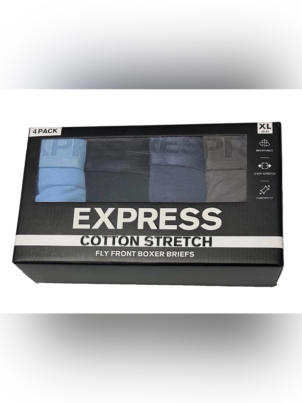Express 4 Men's Cotton Stretch Fly Front Boxer Briefs X-Large (40-42) Blues/Gray